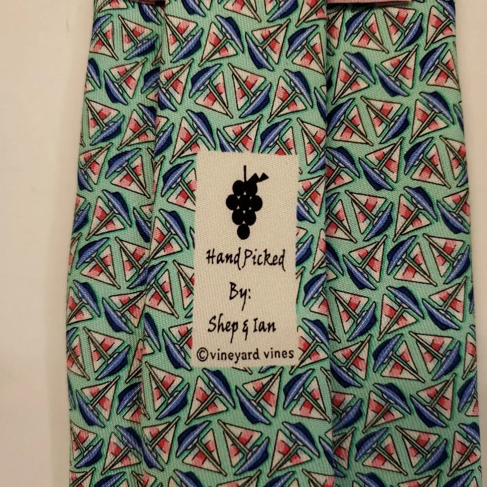Vineyard Vines Silk Tie Blue Green Aqua Cyan Sailboat Print 3 3/8